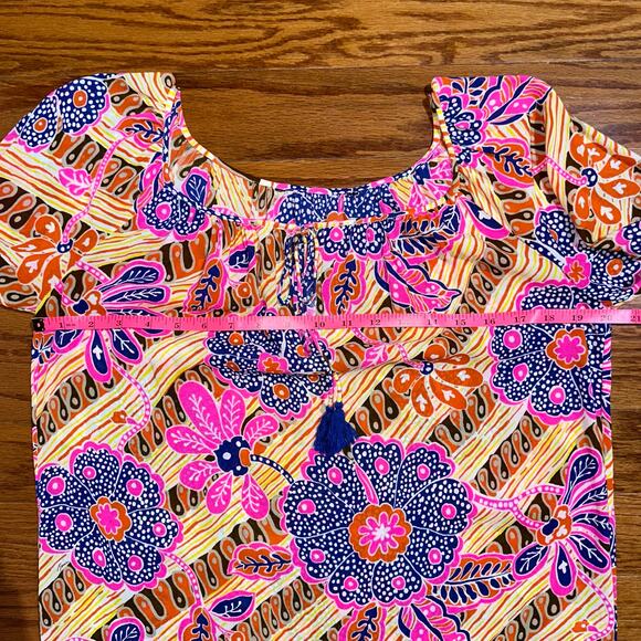Trina Turk Silk Blend Colorful Abstract Floral 3/4 Sleeve Blouse Size Large - Picture 9 of 11